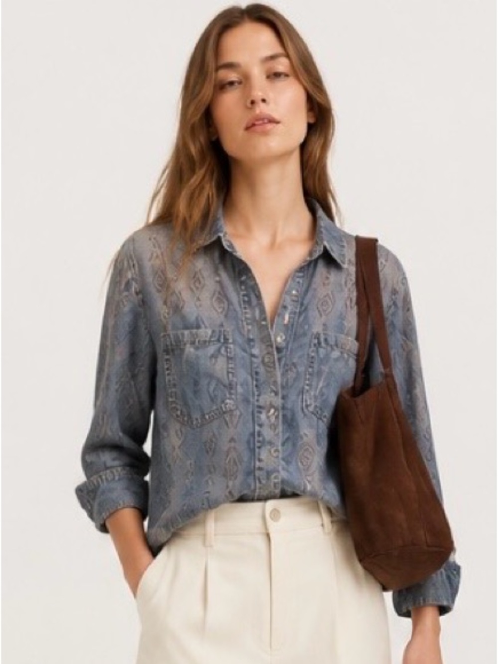 CLOTH AND STONE Anthropologie Shirt Button Down Denim Print Chambray